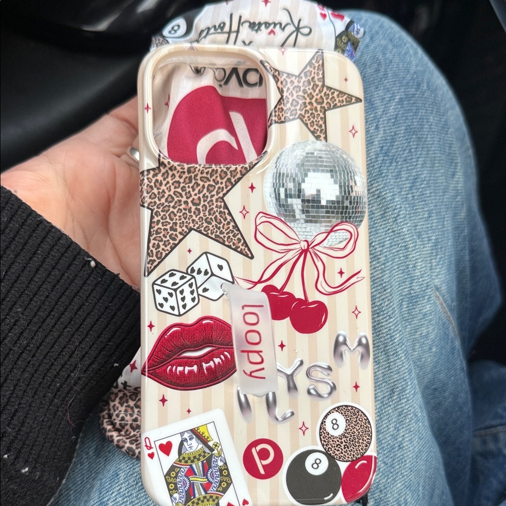 Loopy Case Beige Phone Case with Red Cherry & Leopard Stars